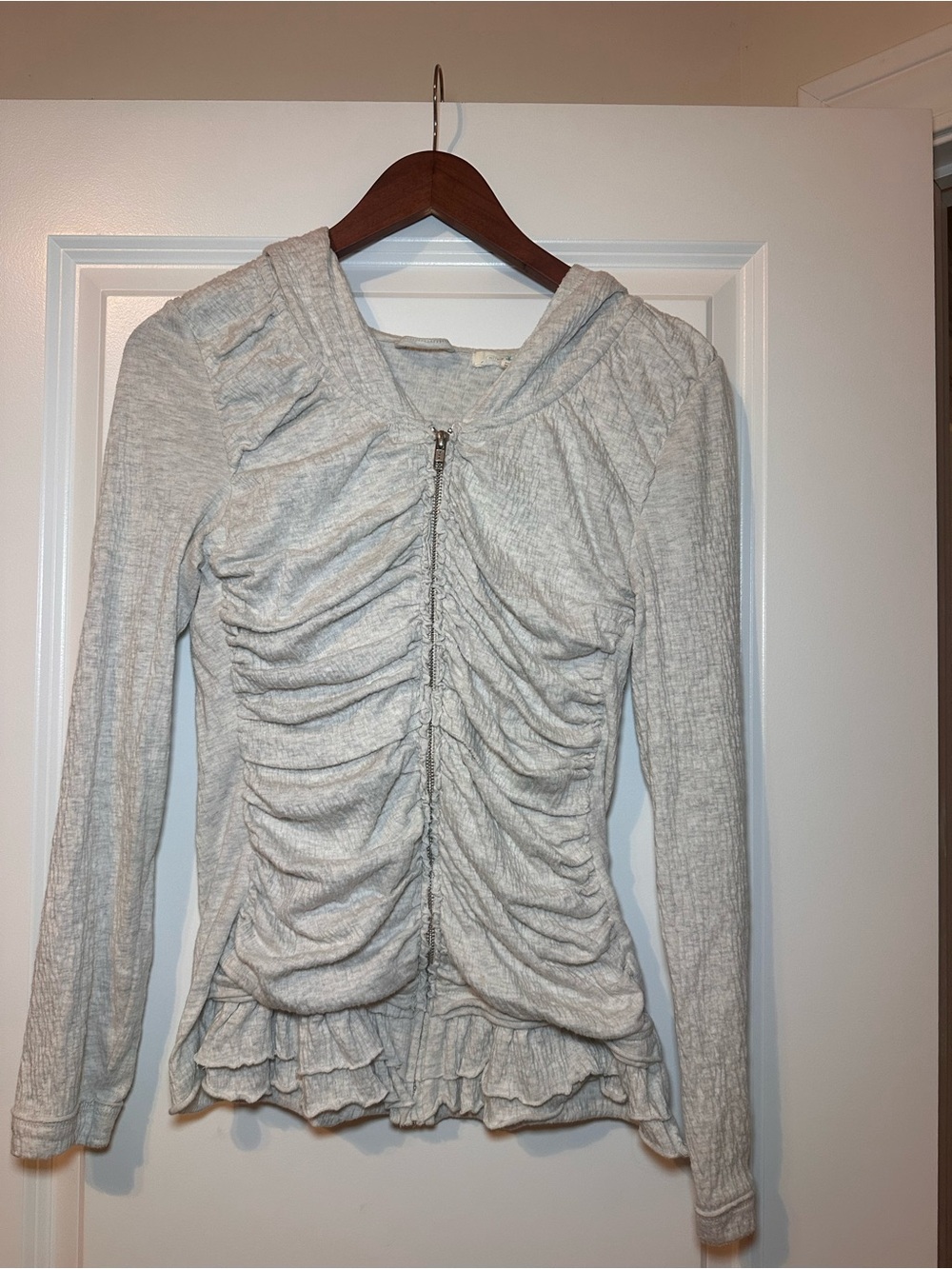 Ruched Zip Front Hoodie Cardigan in Light Gray